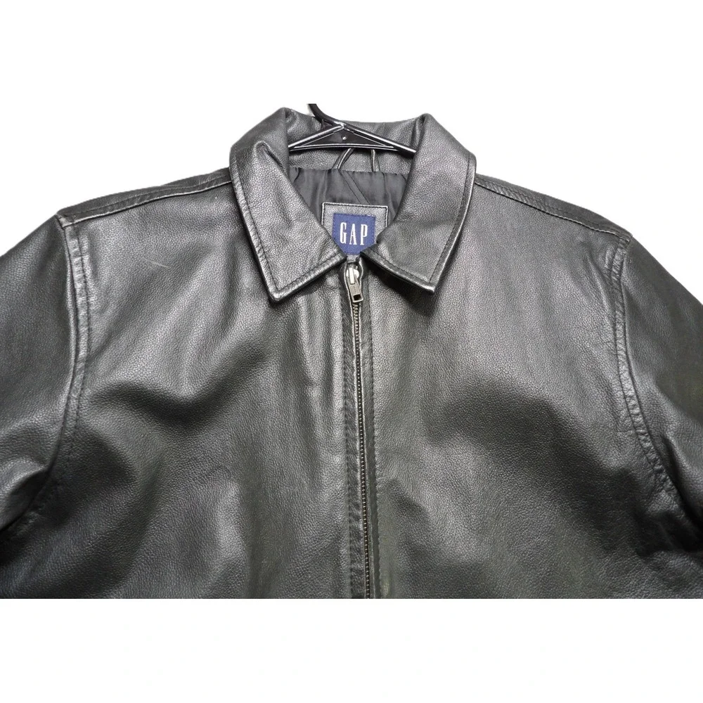 VTG Y2K Gap Black Leather Full Zipper Bomber Jacket Youth Boys M 7-8 Retro Biker